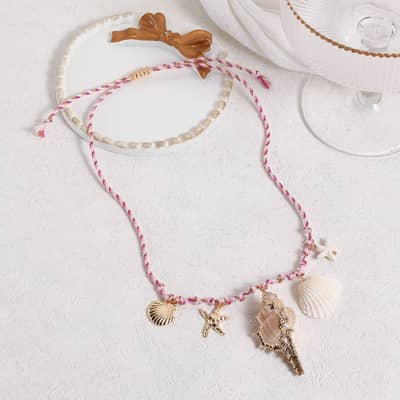 Fashion Waterproof Cotton String Ocean Sealife Choker With Big Gold Foiled Spiral Conch Scallop Shell Charm Necklace detail 4