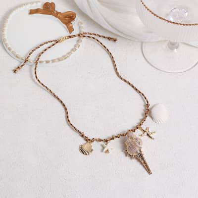 Fashion Waterproof Cotton String Ocean Sealife Choker With Big Gold Foiled Spiral Conch Scallop Shell Charm Necklace detail 5