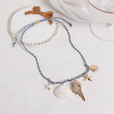 Fashion Waterproof Cotton String Ocean Sealife Choker With Big Gold Foiled Spiral Conch Scallop Shell Charm Necklace detail 6