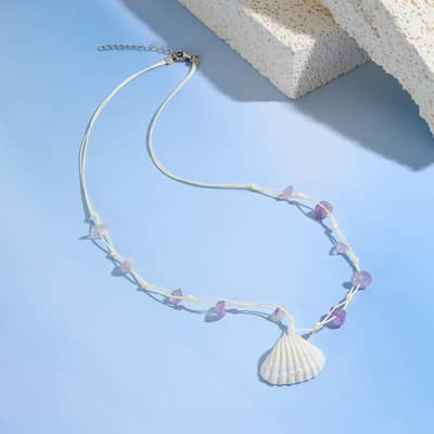 Dainty Hand Knotted Wax Cord Crystal Chip Choker with Scallop Shell Pendant, Waterproof Ocean Sealife Necklace detail 5