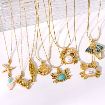 Fashion No Rust 18K Gold Stainless Steel Ocean Animal Choker Dainty Waterproof Crab Surfboard Fishbone Dolphin Pendant Necklace detail 2