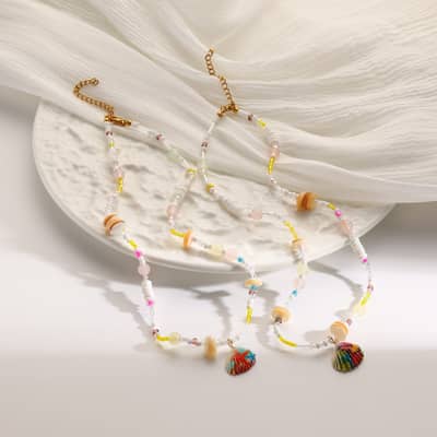 Cute Seed Bead Acrylic Seashell Chips Choker Kawaii No Rust Stainless Steel Tropical Vacation Dainty Beaded Shell Necklace