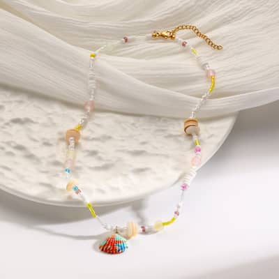 Cute Seed Bead Acrylic Seashell Chips Choker Kawaii No Rust Stainless Steel Tropical Vacation Dainty Beaded Shell Necklace detail 2