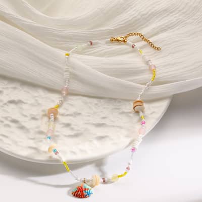 Cute Seed Bead Acrylic Seashell Chips Choker Kawaii No Rust Stainless Steel Tropical Vacation Dainty Beaded Shell Necklace detail 6