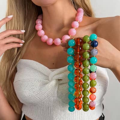 Bohemian Multicolor Acrylic Beaded Necklace, Stainless Steel Chain Chunky Statement detail 1