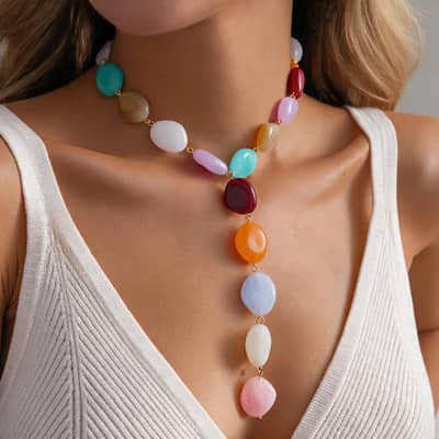 Bohemian Irregular Acrylic Bead Y Drop Necklace, Stainless Steel Colorful Chunky Statement detail 1
