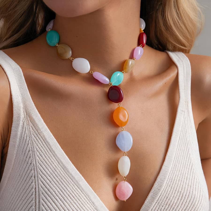 Bohemian Irregular Acrylic Bead Y Drop Necklace, Stainless Steel Colorful Chunky Statement - main