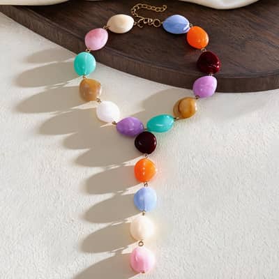 Bohemian Irregular Acrylic Bead Y Drop Necklace, Stainless Steel Colorful Chunky Statement detail 3