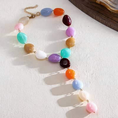 Bohemian Irregular Acrylic Bead Y Drop Necklace, Stainless Steel Colorful Chunky Statement detail 5