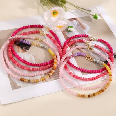 Bohemian Natural Stone Beaded Choker Necklace, Gold Toggle Clasp Summer Beach Vacation detail 1