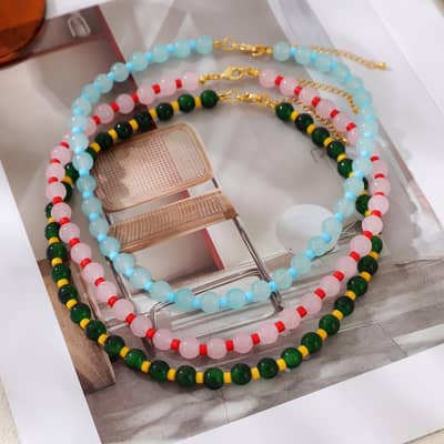 Bohemian Natural Stone Bead Necklace, Handmade Summer Beach Non-Fading PVD detail 1