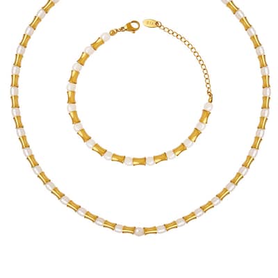 Retro Freshwater Pearl Splicing Bracelet Necklace Set Waterproof Stainless Steel Beads Party Gift detail 1