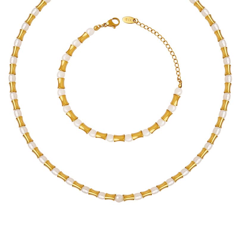 Retro Freshwater Pearl Splicing Bracelet Necklace Set Waterproof Stainless Steel Beads Party Gift - main