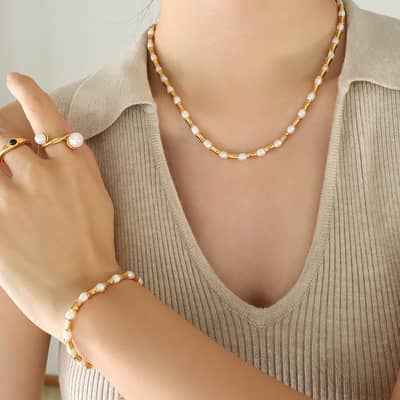 Retro Freshwater Pearl Splicing Bracelet Necklace Set Waterproof Stainless Steel Beads Party Gift detail 5