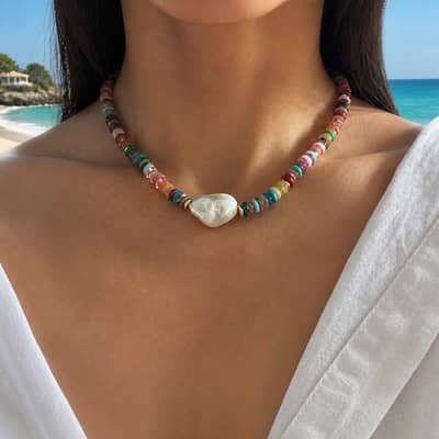 Natural Stone Colorful Beaded Necklace, Irregular Baroque Pearl Boho Chic Summer Beach detail 1