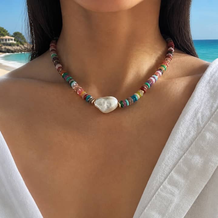 Natural Stone Colorful Beaded Necklace, Irregular Baroque Pearl Boho Chic Summer Beach - main