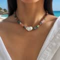 Natural Stone Colorful Beaded Necklace, Irregular Baroque Pearl Boho Chic Summer Beach 1