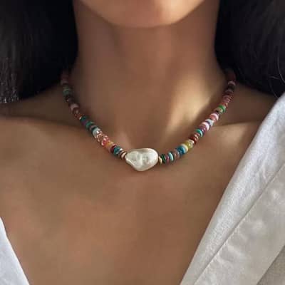 Natural Stone Colorful Beaded Necklace, Irregular Baroque Pearl Boho Chic Summer Beach detail 3