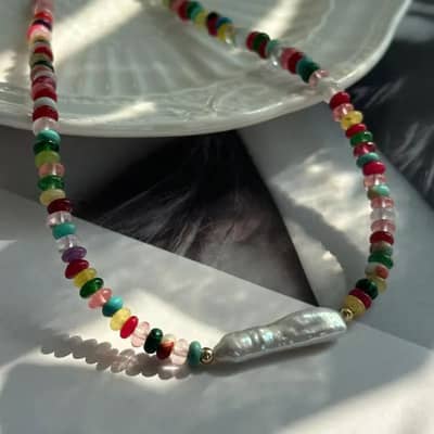 Natural Stone Colorful Beaded Necklace, Irregular Baroque Pearl Boho Chic Summer Beach detail 4