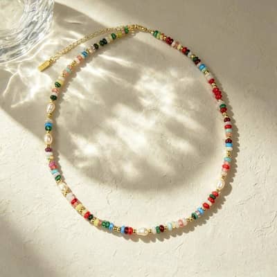Natural Stone Colorful Beaded Necklace, Irregular Baroque Pearl Boho Chic Summer Beach detail 5