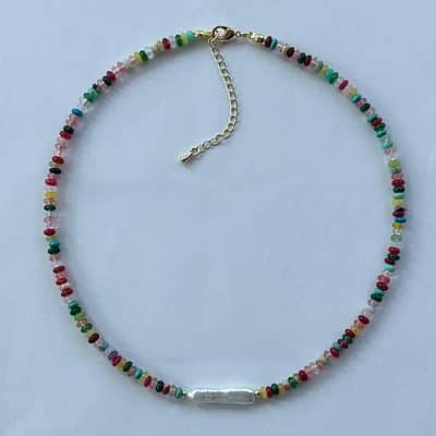 Natural Stone Colorful Beaded Necklace, Irregular Baroque Pearl Boho Chic Summer Beach detail 6