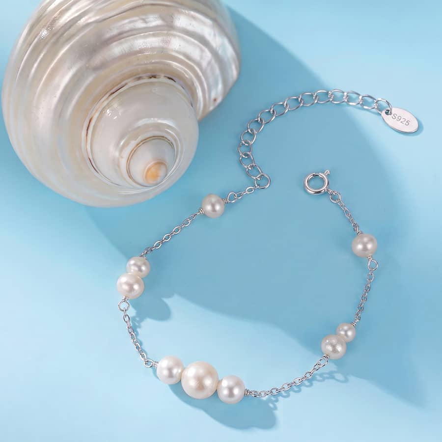 925 Sterling Silver Freshwater Pearl Bracelet, Natural Pearls Gold Plated Chain - main