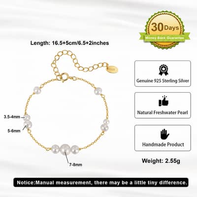 925 Sterling Silver Freshwater Pearl Bracelet, Natural Pearls Gold Plated Chain detail 5