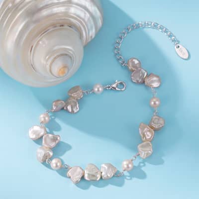 925 Silver Baroque Freshwater Pearl Bracelet, Irregularity Pearls 14K Gold Plated Adjustable detail 2