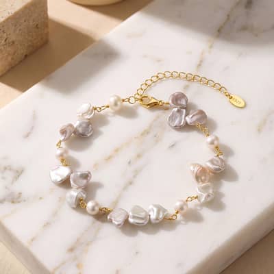 925 Silver Baroque Freshwater Pearl Bracelet, Irregularity Pearls 14K Gold Plated Adjustable detail 4
