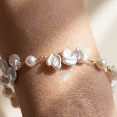 925 Silver Baroque Freshwater Pearl Bracelet, Irregularity Pearls 14K Gold Plated Adjustable detail 5