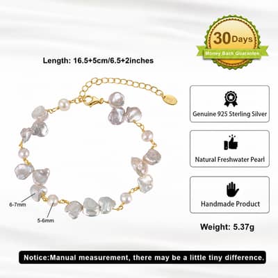 925 Silver Baroque Freshwater Pearl Bracelet, Irregularity Pearls 14K Gold Plated Adjustable detail 6
