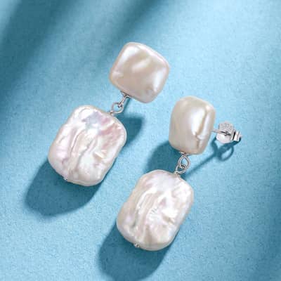925 Sterling Silver Square Baroque Natural Freshwater Pearl Drop Dangle Earrings detail 1