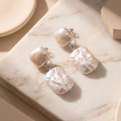 925 Sterling Silver Square Baroque Natural Freshwater Pearl Drop Dangle Earrings detail 2