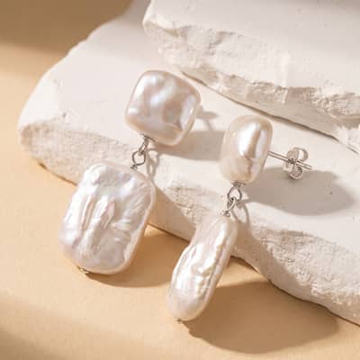 925 Sterling Silver Square Baroque Natural Freshwater Pearl Drop Dangle Earrings detail 4