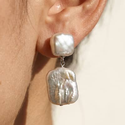 925 Sterling Silver Square Baroque Natural Freshwater Pearl Drop Dangle Earrings detail 5