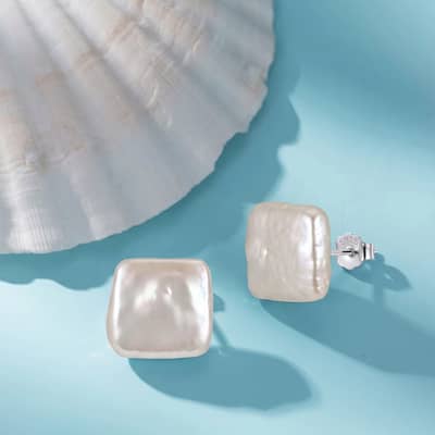 12mm Square Natural Freshwater Pearl Stud Earrings 925 Sterling Silver Flat Baroque detail 1