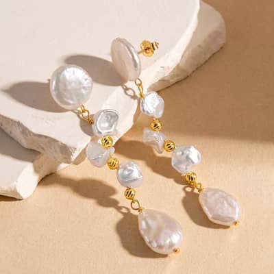 925 Sterling Silver Natural Freshwater Baroque Multi-Pearl Long Tassel Drop Earrings detail 1