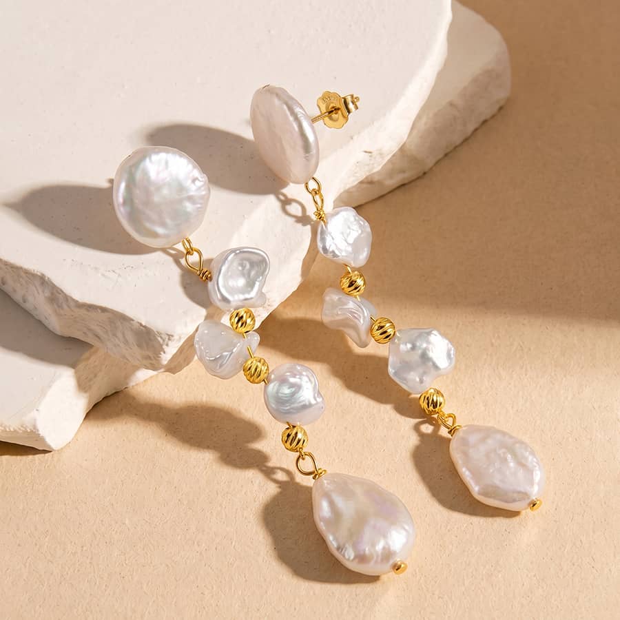 925 Sterling Silver Natural Freshwater Baroque Multi-Pearl Long Tassel Drop Earrings - main