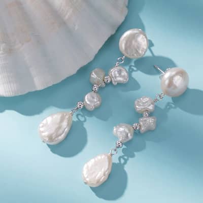 925 Sterling Silver Natural Freshwater Baroque Multi-Pearl Long Tassel Drop Earrings detail 3
