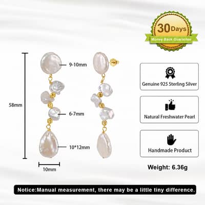 925 Sterling Silver Natural Freshwater Baroque Multi-Pearl Long Tassel Drop Earrings detail 6
