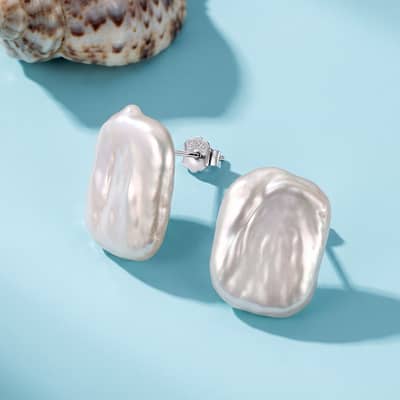 925 Sterling Silver Natural Freshwater Baroque Pearl Stud Earrings 20x15mm Irregular Flat detail 1