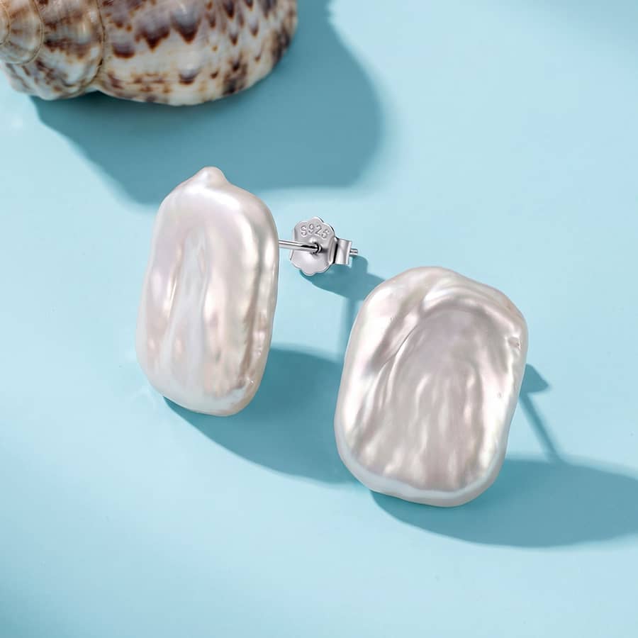 925 Sterling Silver Natural Freshwater Baroque Pearl Stud Earrings 20x15mm Irregular Flat - main