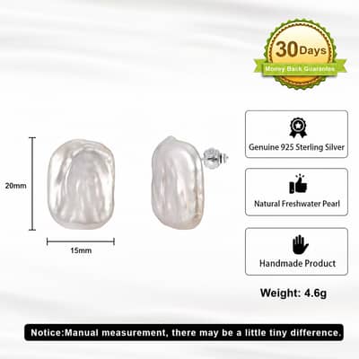 925 Sterling Silver Natural Freshwater Baroque Pearl Stud Earrings 20x15mm Irregular Flat detail 6