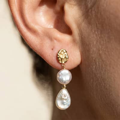 925 Sterling Silver 14K Gold Plated Irregular Natural Freshwater Baroque Pearl Drop Earrings detail 4