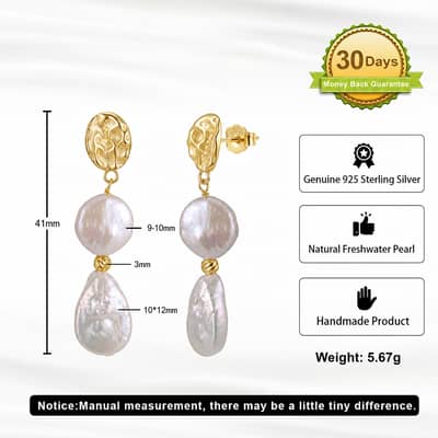 925 Sterling Silver 14K Gold Plated Irregular Natural Freshwater Baroque Pearl Drop Earrings detail 6