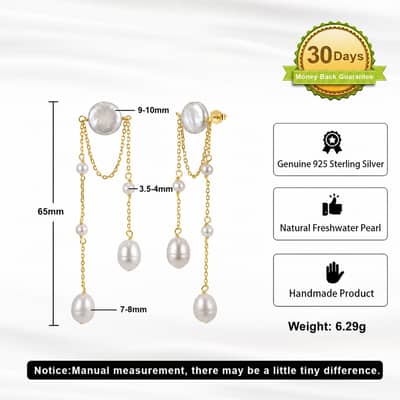 925 Sterling Silver Freshwater Pearl Long Chain Tassel Drop Dangle Earrings detail 6