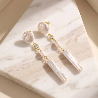 Freshwater Baroque Pearl Long Drop Earrings 925 Silver Tiny Zircon Inlaid Dangle detail 4