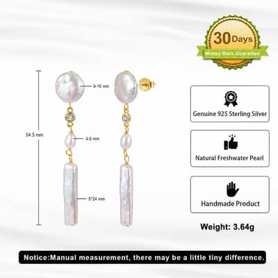 Freshwater Baroque Pearl Long Drop Earrings 925 Silver Tiny Zircon Inlaid Dangle detail 6