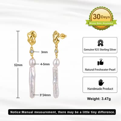 925 Sterling Silver Natural Freshwater Baroque Pearl Long Drop Earrings Daily Wear detail 6