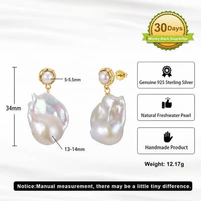 925 Silver Natural Freshwater Baroque Pearl Drop Earrings Gold Plated Hypoallergenic Dangle detail 6